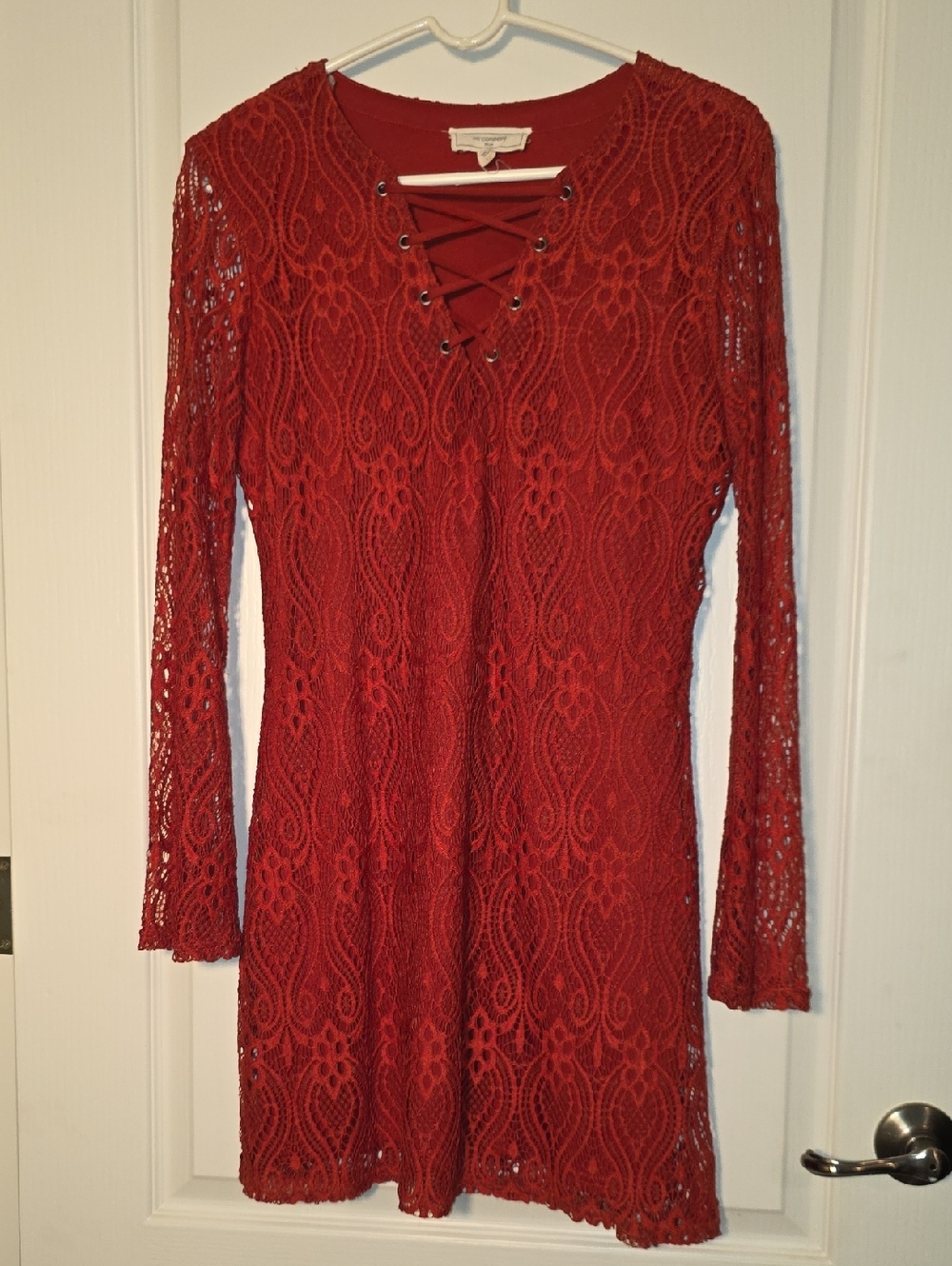 Burnt Orange/Rust Lace-Up Long Sleeve Lace Dress